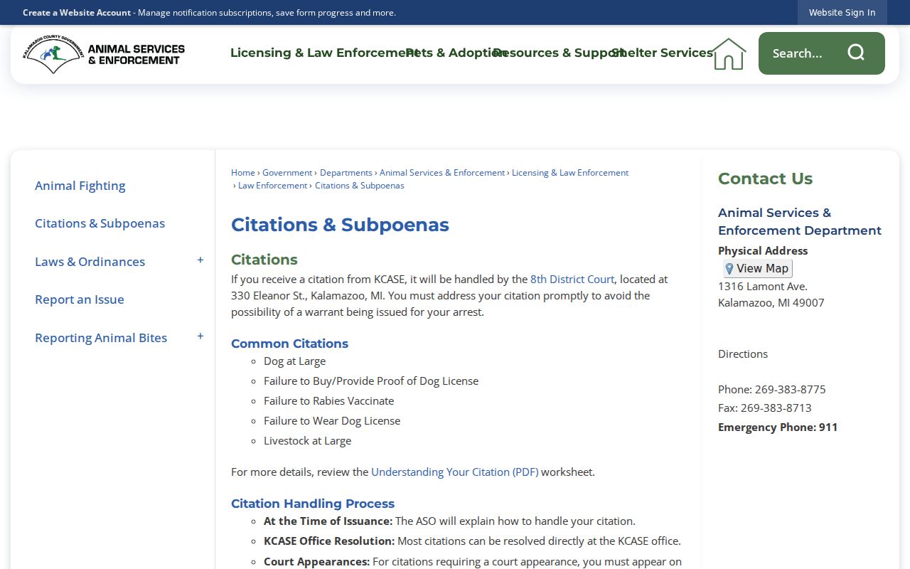 Kalamazoo County citation guidance page referenced for active warrant confirmation