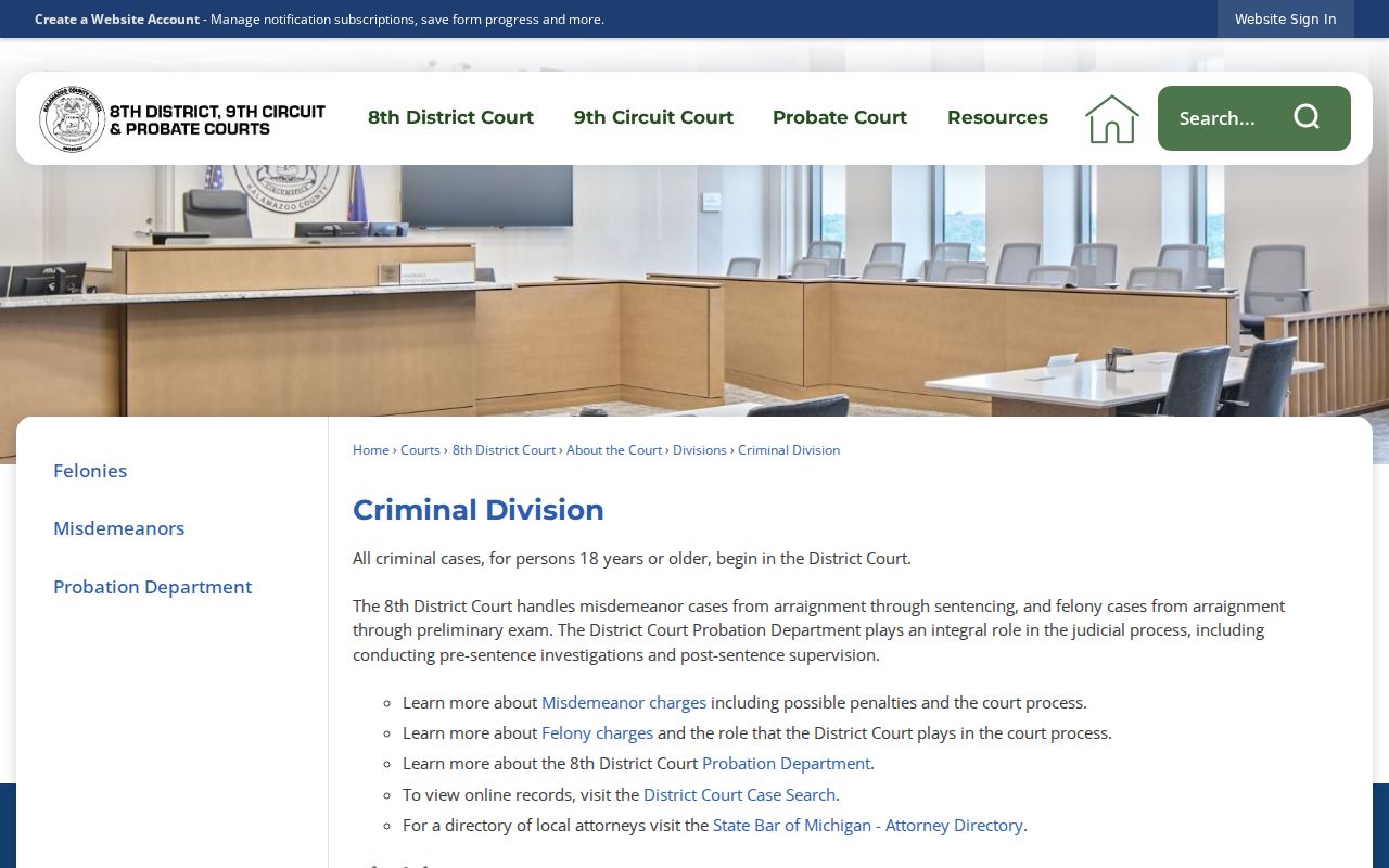 Kalamazoo County district criminal division page for bench warrant court records