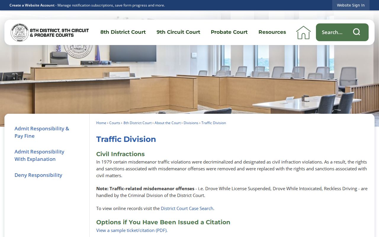 Kalamazoo County traffic division page explaining traffic warrant procedures