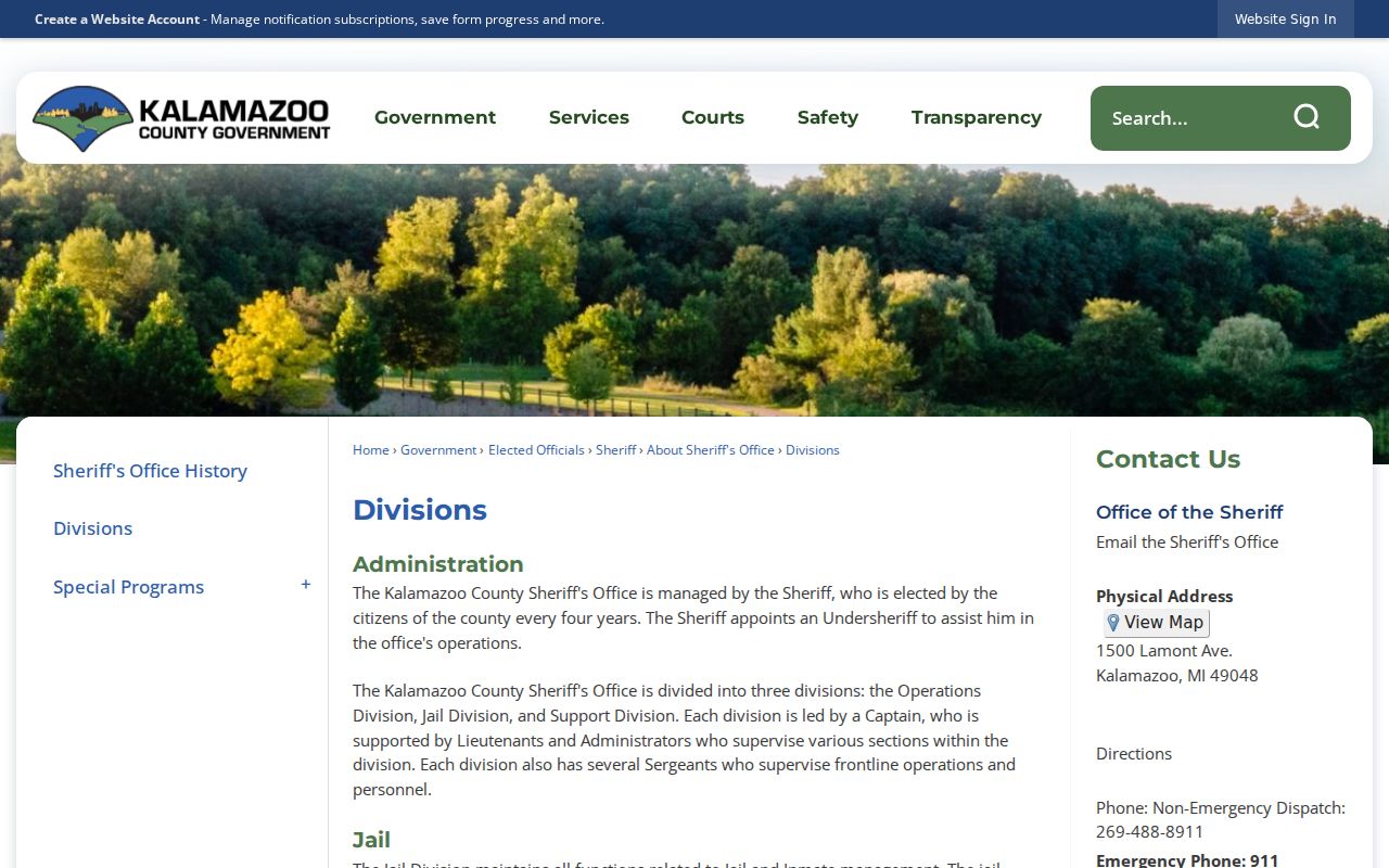 Kalamazoo County sheriff divisions page describing warrant tracking functions