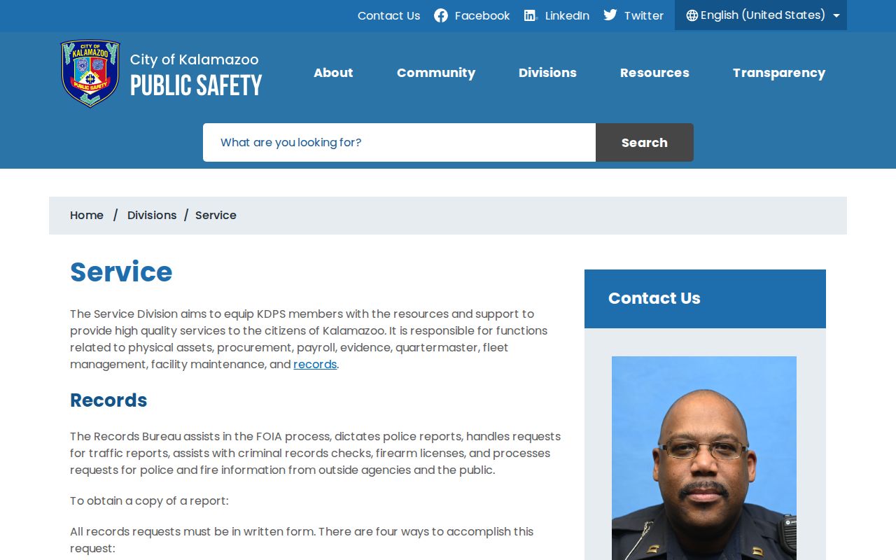 Kalamazoo Department of Public Safety records division page for warrant records