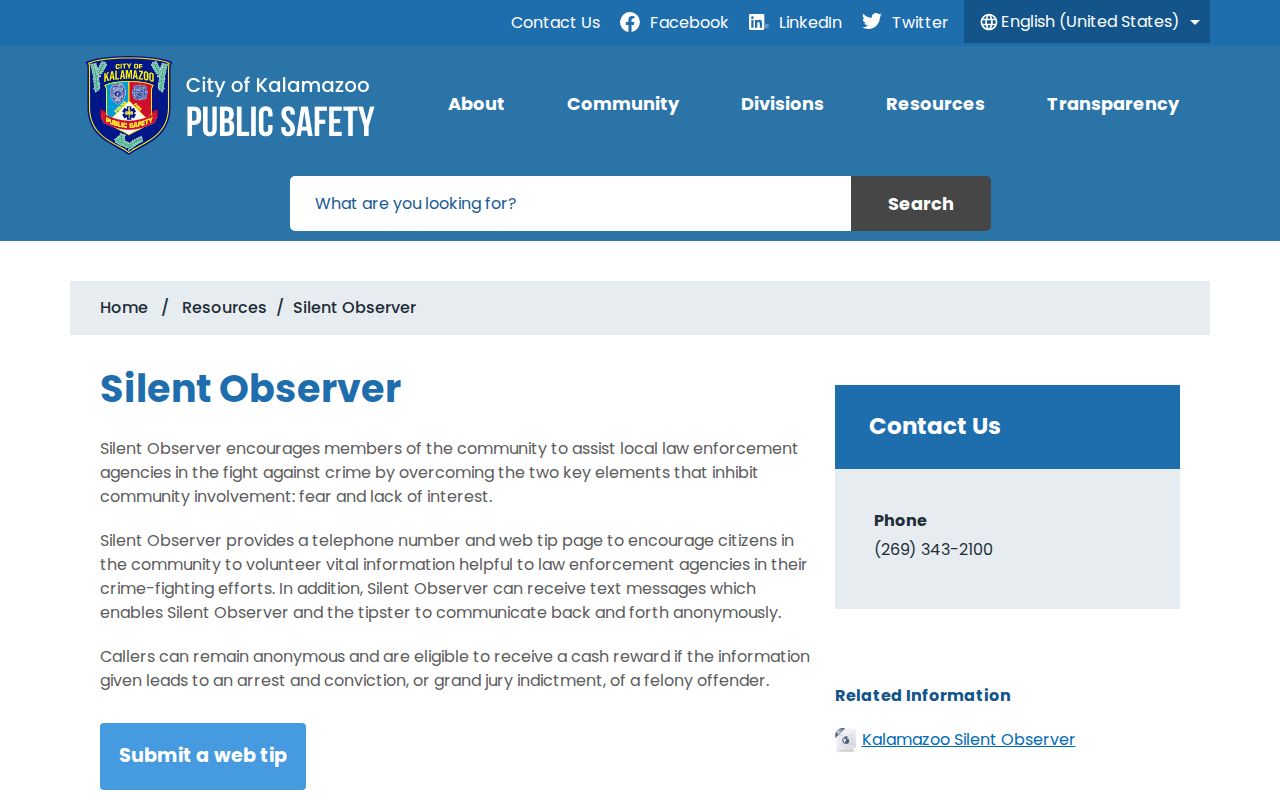 Kalamazoo Department of Public Safety Silent Observer tip page for warrants