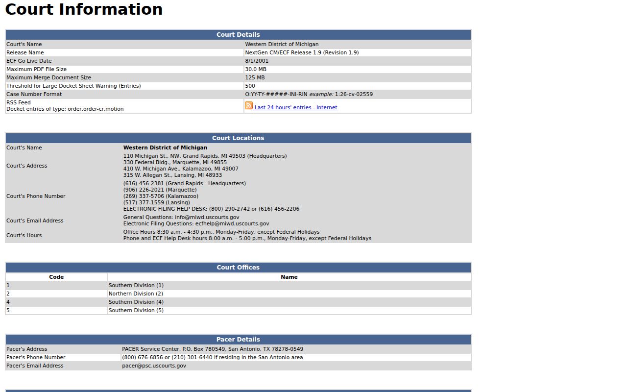 Federal court information page for Kalamazoo County warrant records research