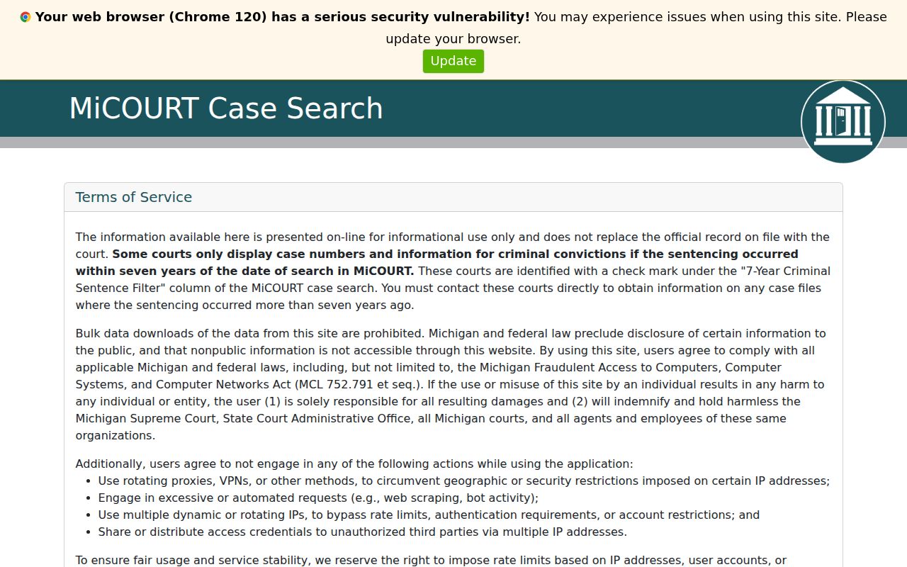 Michigan public case search page used for Kalamazoo County warrant records checks
