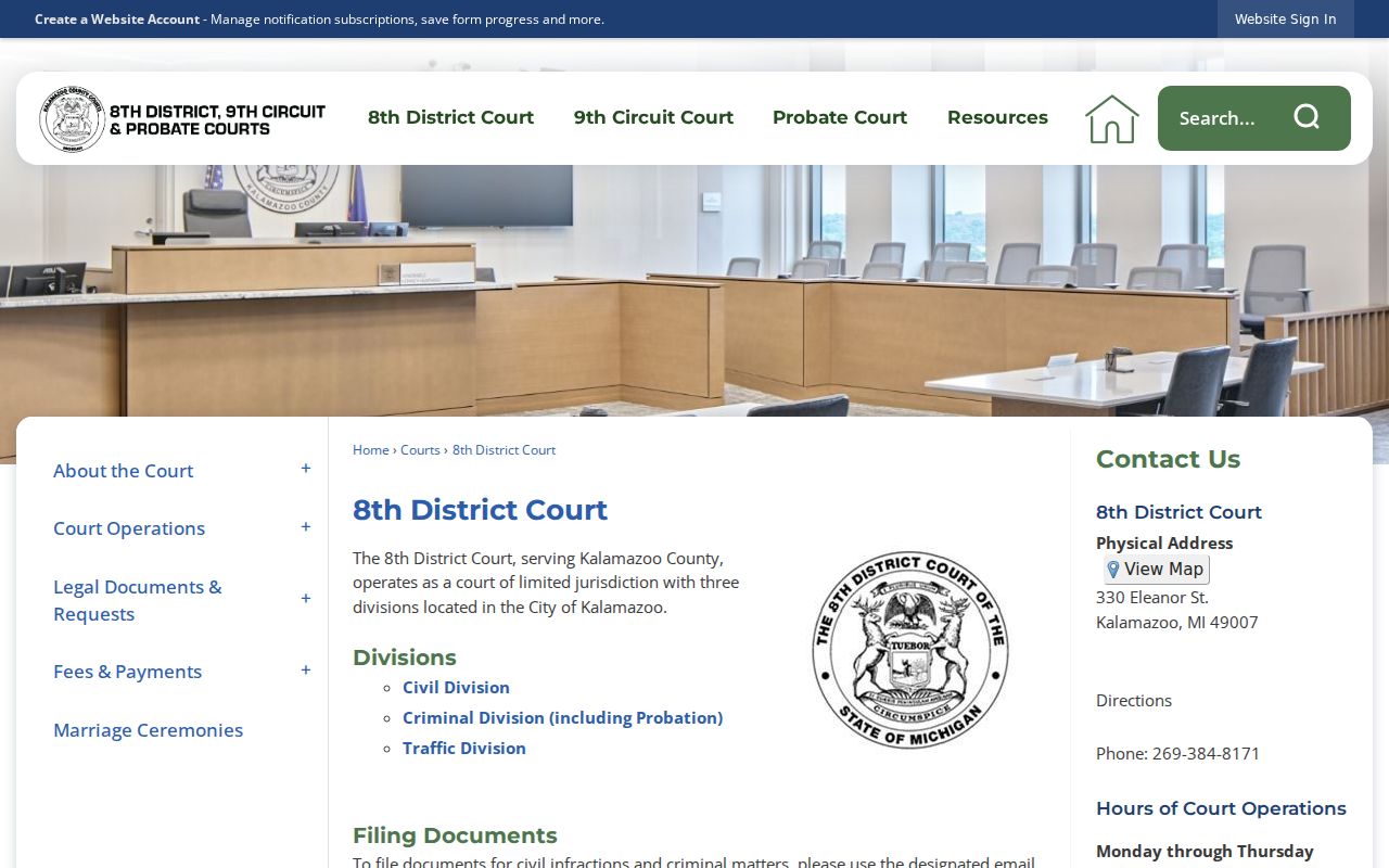Kalamazoo County 8th District Court information page for warrant records