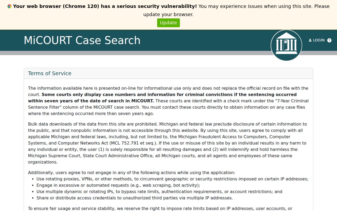 Public Kalamazoo County warrant search case interface for the 8th District Court